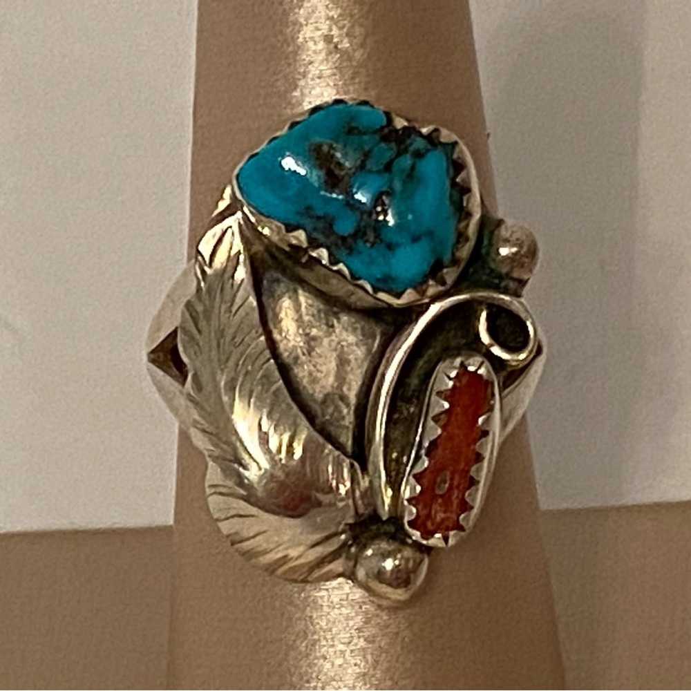 R CHEE VINTAGE NAVAJO STERLING SILVER RING RED BRANCH CORAL TURQUOISE SIZE 7 USA